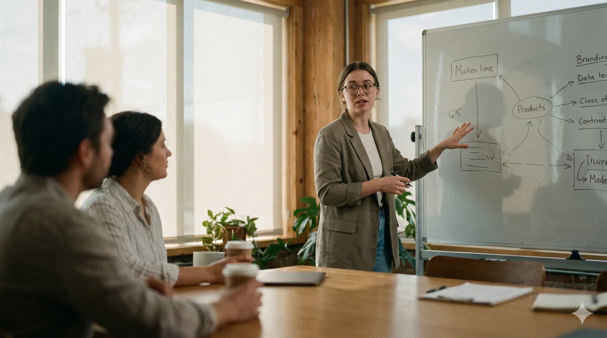 Young professional presenting project results confidently in a company meeting